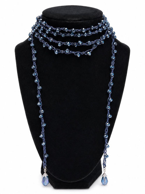 Dark Sapphire Blue Beaded Lariat Wrap Necklace 70” Luxe Statement - Sable & Red