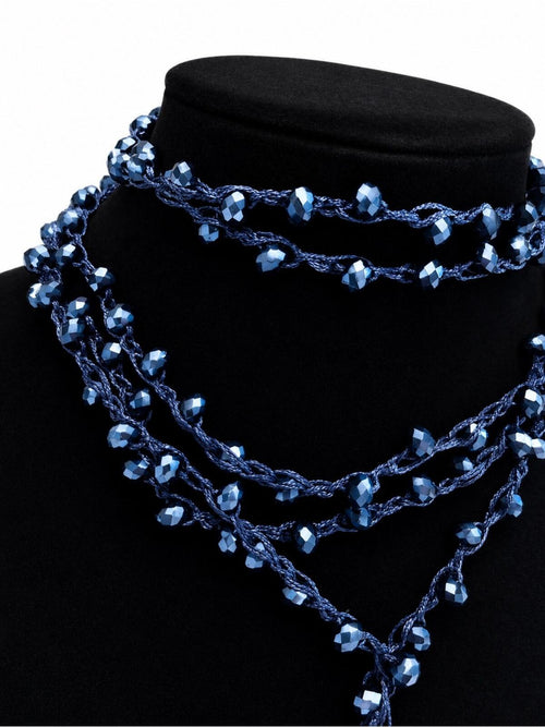 Dark Sapphire Blue Beaded Lariat Wrap Necklace 70” Luxe Statement - Sable & Red