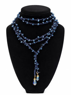 Dark Sapphire Blue Beaded Lariat Wrap Necklace 70” Luxe Statement - Sable & Red