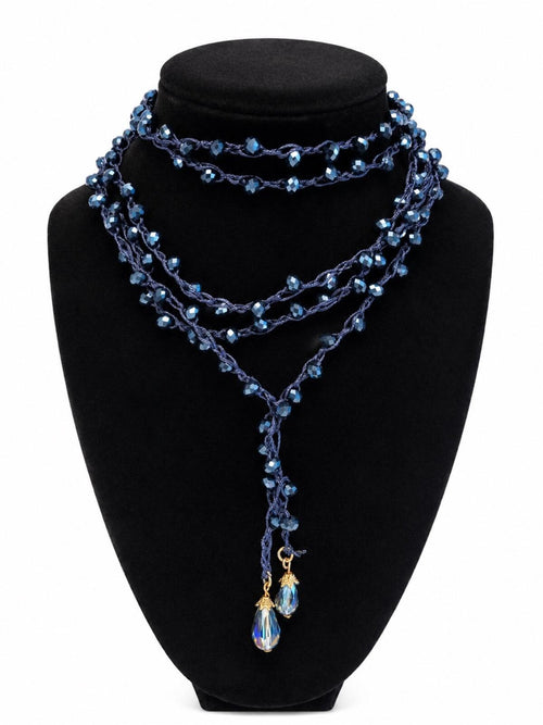 Dark Sapphire Blue Beaded Lariat Wrap Necklace 70” Luxe Statement - Sable & Red