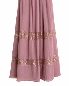 David's Bridal F19660M Rose Gold Metallic Lace Inset Chiffon Maxi Dress Size 0 - Sable & Red