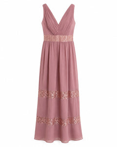 David's Bridal F19660M Rose Gold Metallic Lace Inset Chiffon Maxi Dress Size 0 - Sable & Red