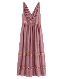 David's Bridal F19660M Rose Gold Metallic Lace Inset Chiffon Maxi Dress Size 0 - Sable & Red