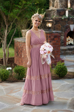 David's Bridal F19660M Rose Gold Metallic Lace Inset Chiffon Maxi Dress Size 0 - Sable & Red