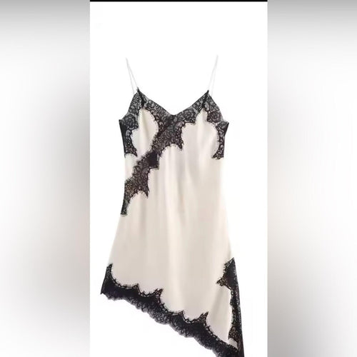 Cami NYC Silk Camisole Sleeveless Dress Top Ivory Asymmetrical Hem Black Lace