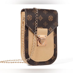 DESIGNER Chain Crossbody Bag Cell Phone Purse Shoulder Bag Daily Travel Leather - Sable & Red