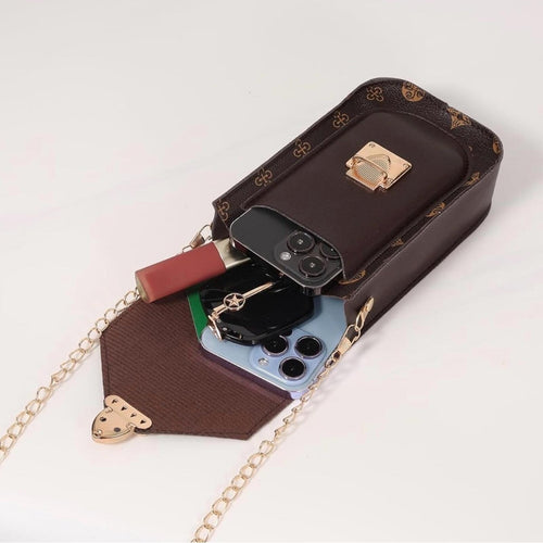 DESIGNER Chain Crossbody Bag Cell Phone Purse Shoulder Bag Daily Travel Leather - Sable & Red