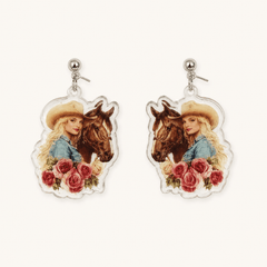 Dolly Parton Cowgirl Horse and Flowers Floral Resin Glitter Drop Earrings - Sable & Red