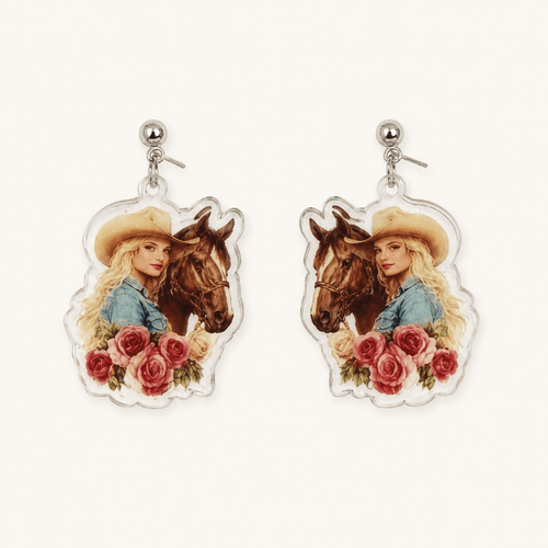Dolly Parton Cowgirl Horse and Flowers Floral Resin Glitter Drop Earrings - Sable & Red