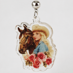 Dolly Parton Cowgirl Horse and Flowers Floral Resin Glitter Drop Earrings - Sable & Red
