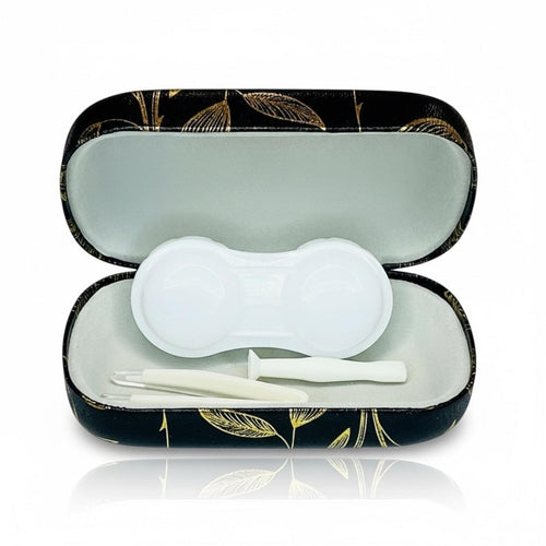 Dual Contact Lens and Eyeglasses Travel Case in Black and Gold Leaf Roses - Sable & Red