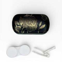 Dual Contact Lens and Eyeglasses Travel Case in Black and Gold Leaf Roses - Sable & Red
