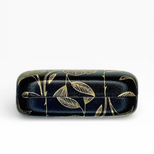 Dual Contact Lens and Eyeglasses Travel Case in Black and Gold Leaf Roses - Sable & Red