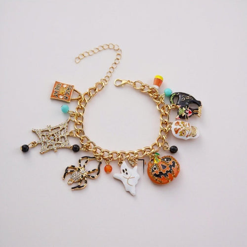 Halloween Charm Bracelet on Gold Chain | Super Cute | Spooky, Ghost, Spider Web