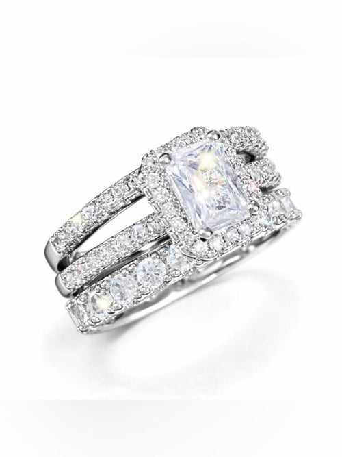 Engagement & Wedding Ring Set - Sz 6, Sparkling CZ 18k White Gold 3pcs - Sable & Red