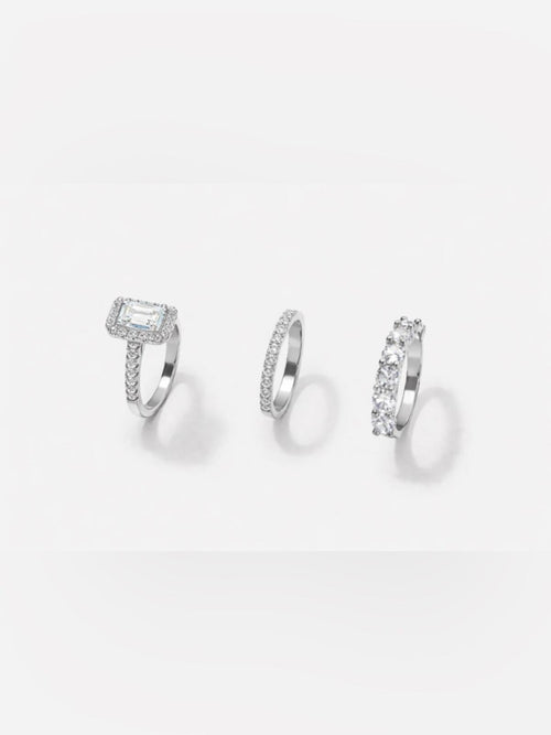 Engagement & Wedding Ring Set - Sz 6, Sparkling CZ 18k White Gold 3pcs - Sable & Red