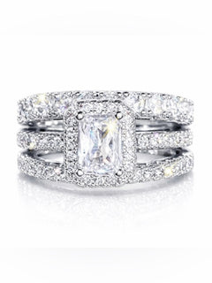 Engagement & Wedding Ring Set - Sz 6, Sparkling CZ 18k White Gold 3pcs - Sable & Red