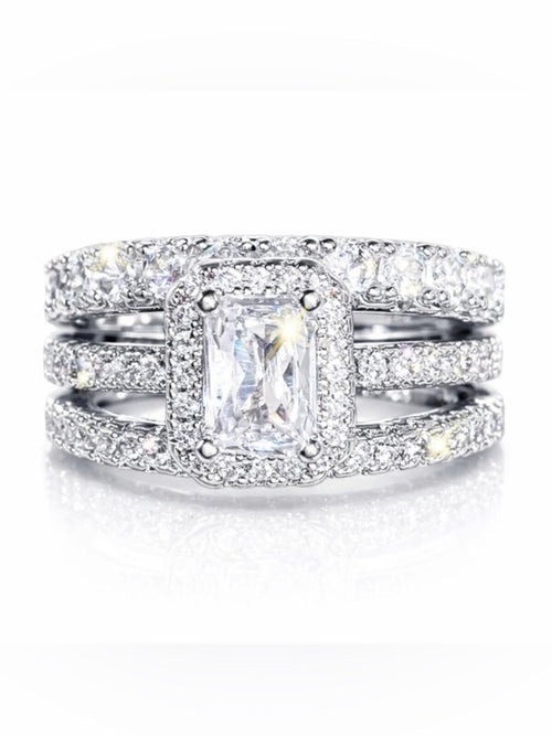 Engagement & Wedding Ring Set - Sz 6, Sparkling CZ 18k White Gold 3pcs - Sable & Red