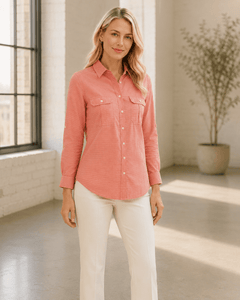 Express Women’s Coral Roll-Tab Button Down Shirt - Sable & Red