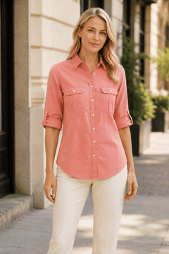 Express Women’s Coral Roll-Tab Button Down Shirt - Sable & Red