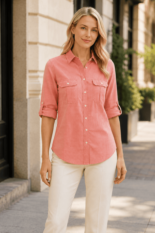 Express Women’s Coral Roll-Tab Button Down Shirt - Sable & Red