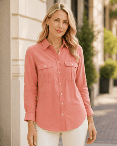 Express Women’s Coral Roll-Tab Button Down Shirt - Sable & Red