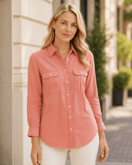 Express Women’s Coral Roll-Tab Button Down Shirt - Sable & Red