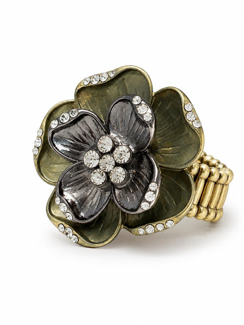 Crystal Floral Antique Statement Stretch Ring - Gold and Gunmetal