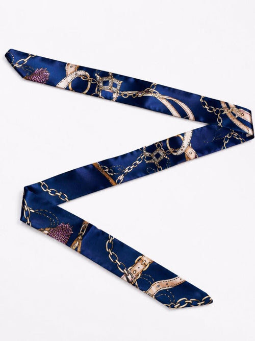 Navy Equestrian Print Skinny Silk Scarf Hair Neck Bag Accent