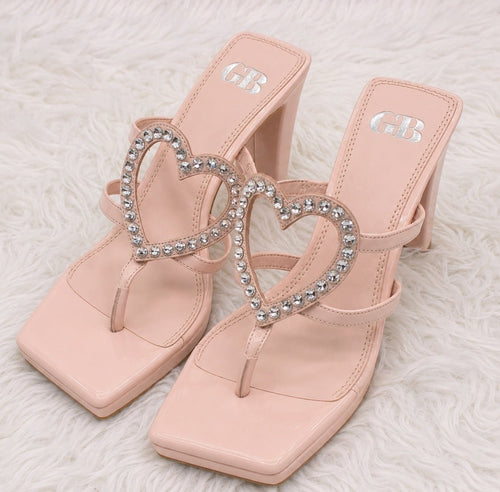 Gianni Bini GB “The Heart” Rhinestone Heart Platform Thong Heeled Sandals Pink - Sable & Red
