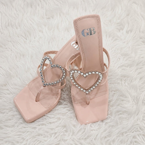 Gianni Bini GB “The Heart” Rhinestone Heart Platform Thong Heeled Sandals Pink - Sable & Red