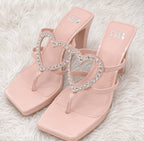 Gianni Bini GB “The Heart” Rhinestone Heart Platform Thong Heeled Sandals Pink - Sable & Red