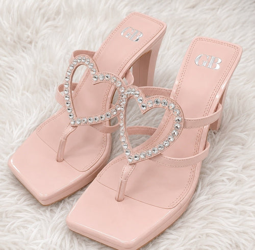 Gianni Bini GB “The Heart” Rhinestone Heart Platform Thong Heeled Sandals Pink - Sable & Red