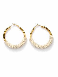 Gold Beaded Hoop Earrings Ivory Seed Bead Accent 2” Drop - Sable & Red