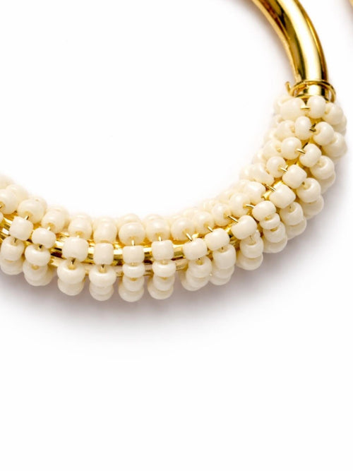 Gold Beaded Hoop Earrings Ivory Seed Bead Accent 2” Drop - Sable & Red