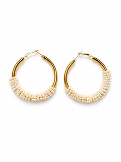 Gold Beaded Hoop Earrings Ivory Seed Bead Accent 2” Drop - Sable & Red