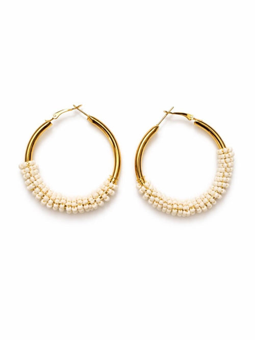 Gold Beaded Hoop Earrings Ivory Seed Bead Accent 2” Drop - Sable & Red