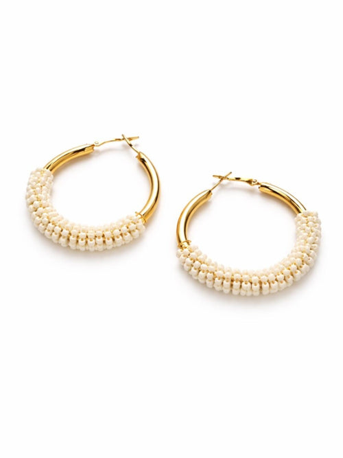 Gold Beaded Hoop Earrings Ivory Seed Bead Accent 2” Drop - Sable & Red