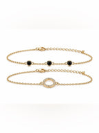 Gold Black Onyx & Crystal Circle Bracelet Set Adjustable 6–9.5” 2pcs - Sable & Red