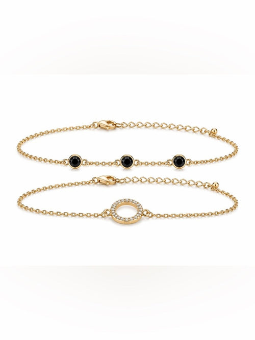 Gold Black Onyx & Crystal Circle Bracelet Set Adjustable 6–9.5” 2pcs - Sable & Red