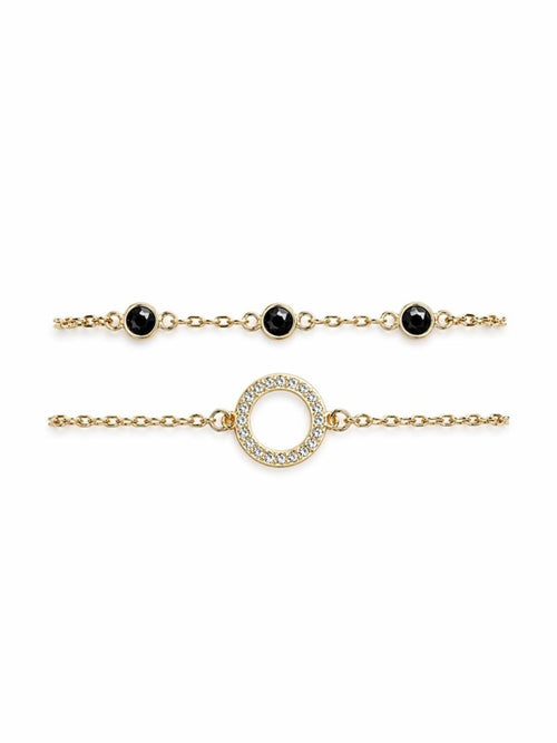 Gold Black Onyx & Crystal Circle Bracelet Set Adjustable 6–9.5” 2pcs - Sable & Red
