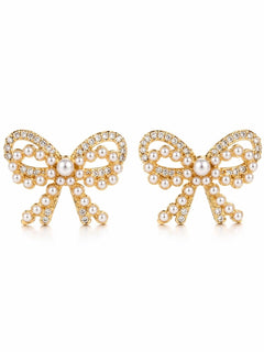 Gold Bow Stud Earrings CZ & Mini Pearl Accents 1" x 1" - Sable & Red