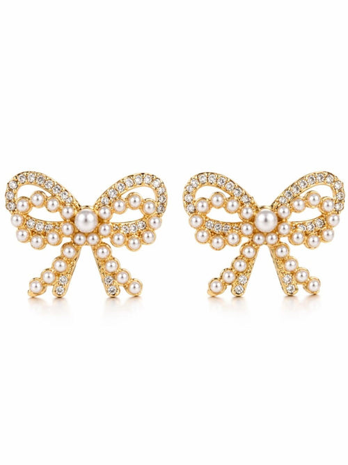 Gold Bow Stud Earrings CZ & Mini Pearl Accents 1" x 1" - Sable & Red
