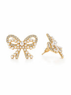 Gold Bow Stud Earrings CZ & Mini Pearl Accents 1" x 1" - Sable & Red