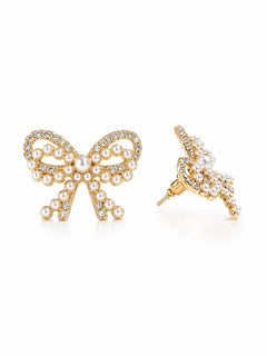 Gold Bow Stud Earrings CZ & Mini Pearl Accents 1" x 1" - Sable & Red