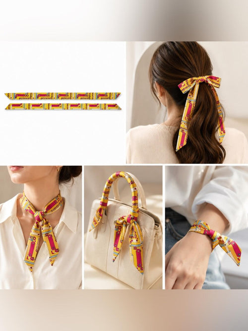Gold Chain Print Skinny Scarf Hair Bag Neck Accent - Sable & Red