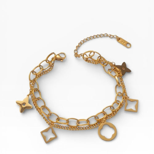 Gold Clover Charm Chain Bracelet Double-Layer Openwork - Sable & Red