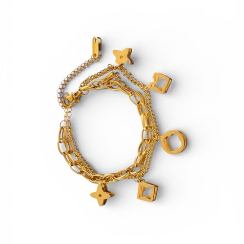 Gold Clover Charm Chain Bracelet Double-Layer Openwork - Sable & Red