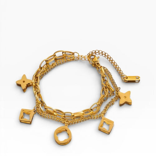 Gold Clover Charm Chain Bracelet Double-Layer Openwork - Sable & Red