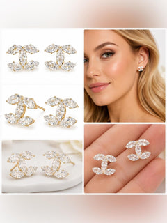 Gold Crystal CC Stud Earrings - Sable & Red